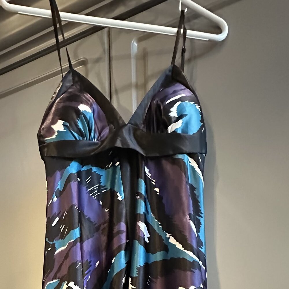 Lipsy Black, Purple, Blue & White Print Dress | Size Medium | Stretch Fit